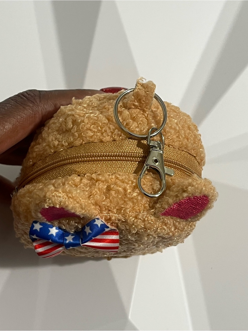 Hand Crafted Plush Bear Keychain Coin Purse - Tan with Pink Accents Bag Charm - Picture 8 of 12
